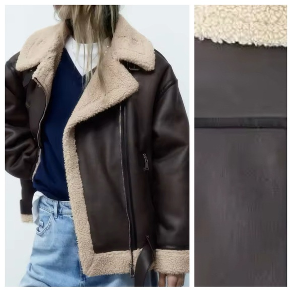 NWOT. Zara Brown Double Faced Aviator Biker Jacket. Size S. - Picture 3 of 6